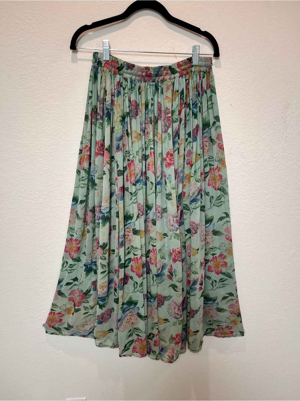 Mint Floral Pleated Midi Skirt with Elastic Waistband